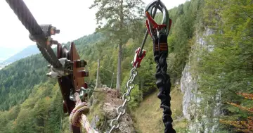 Der Flying Fox. Links der Hauptlaufschlitten, rechts die Sicherungsrolle. Achtung die Karabiner sind hier falsch, ich hänge sie später noch hinter den Laufschlitten.